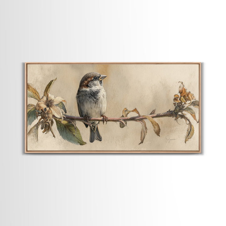 Small Sparrow on Wildflower Stem Framed Canvas Print, Bird Art, Art Print, Living Room Decor, Watercolor Art, Flight, BIR-2x1-10