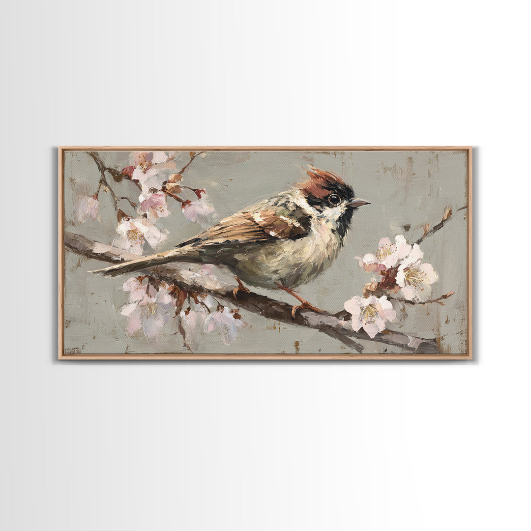 Songbird Perched on Cherry Blossoms Framed Canvas Print, Bird Art, Mid Century Wall Art, Living Room Decor, Fine Art, Flight, BIR-2x1-100