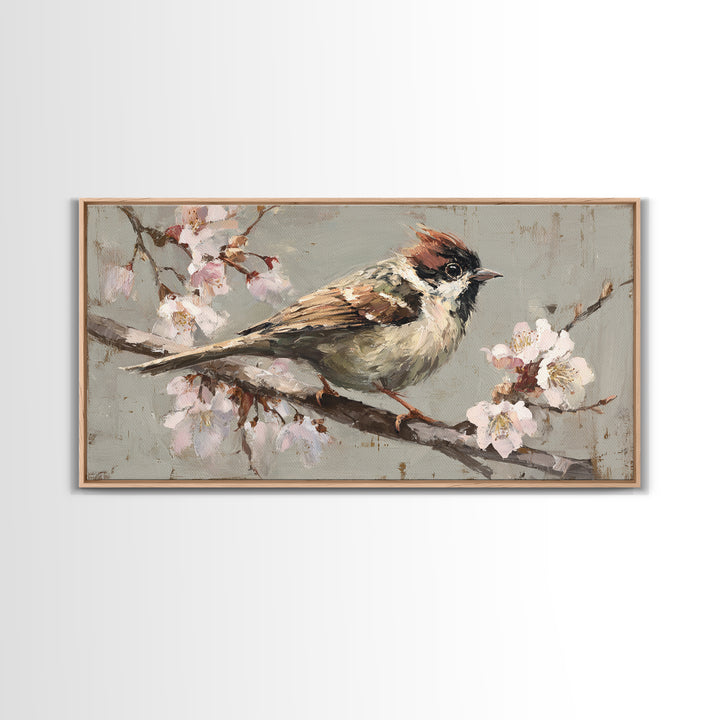 Songbird Perched on Cherry Blossoms Framed Canvas Print, Bird Art, Mid Century Wall Art, Living Room Decor, Fine Art, Flight, BIR-2x1-100