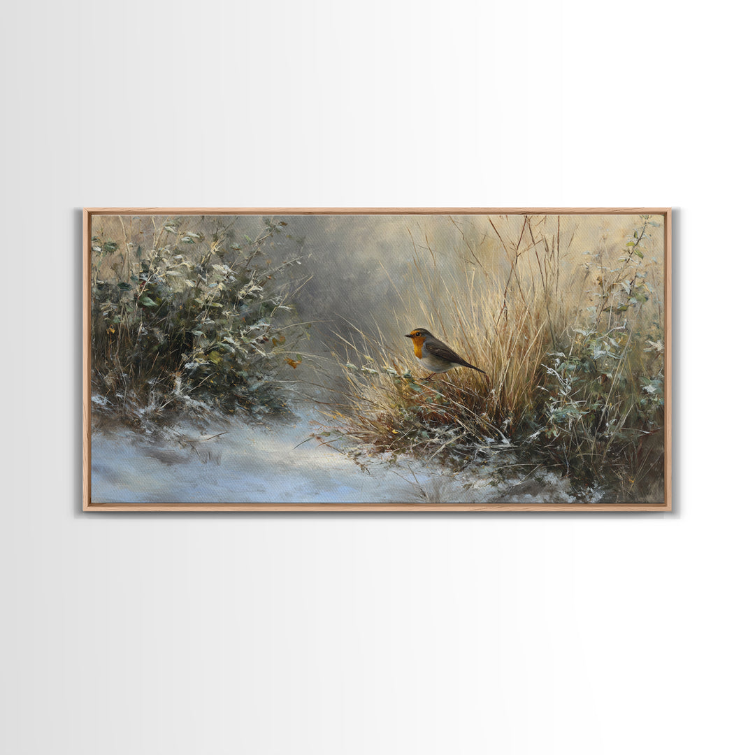 Robin in a Spring Garden with Soft Framed Canvas Print, Bird Art, Gallery Wall, Living Room Decor, Flight, Gallery Decor, BIR-2x1-11