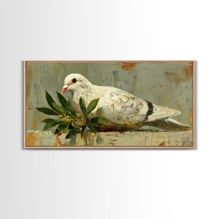 White Dove with Olive Branch and Calm Framed Canvas Print, Bird Art, Art Print, Living Room Decor, Watercolor Art, Flight, BIR-2x1-12
