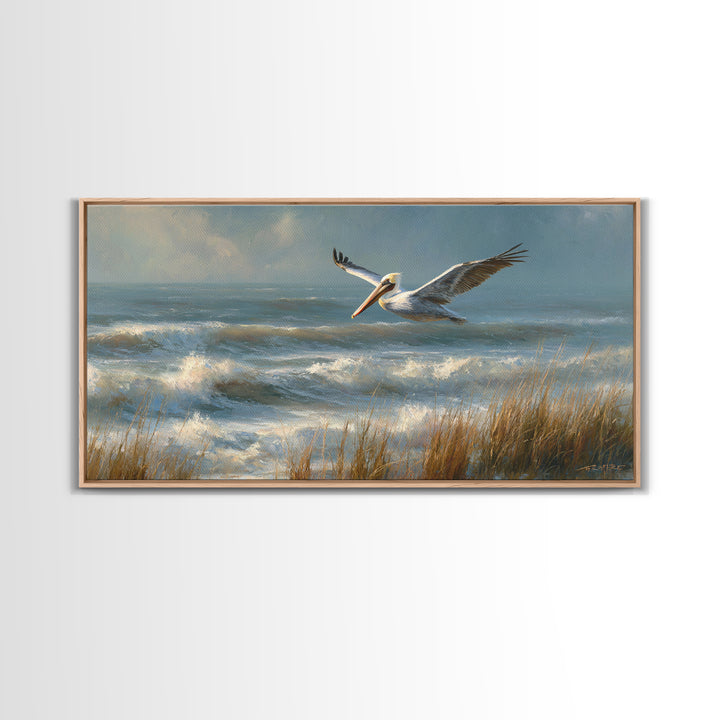 Pelican Flying over Coastal Waves Framed Canvas Print, Bird Art, Fine Art Print, Living Room Decor, Watercolor Art, Flight, BIR-2x1-14