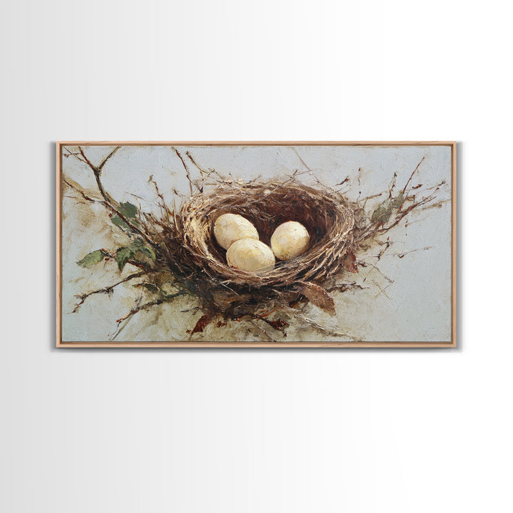 Bird Nest with Eggs and Delicate Twigs Framed Canvas Print, Bird Art, Statement Artwork, Living Room Decor, Fine Art, Flight, BIR-2x1-18