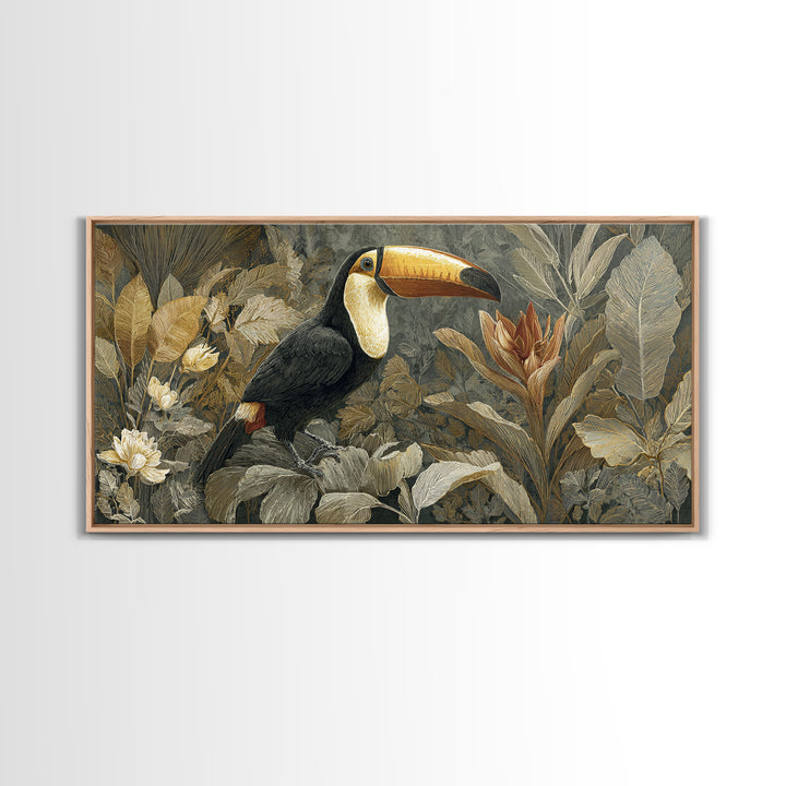 Toucan Framed by Bold Jungle Foliage Framed Canvas Print, Bird Art, Bird Wall Art, Living Room Decor, Fine Art, Flight, BIR-2x1-19