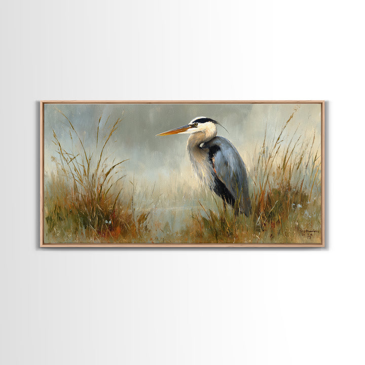 Blue Heron in Misty Marsh Grass Canvas Print, Bird Art, Boho Decor, Living Room Decor, Fine Art, Flight, Printable Wall Art, BIR-2x1-22