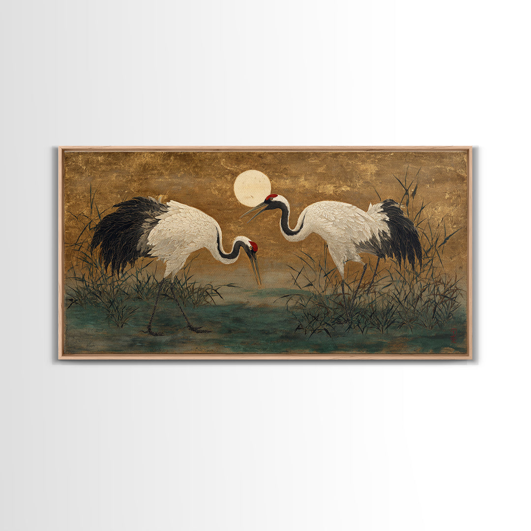 Pair of Cranes Dancing Framed Canvas Print, Bird Art, Art Deco, Living Room Decor, Watercolor Art, Flight, Gallery Wall, BIR-2x1-23