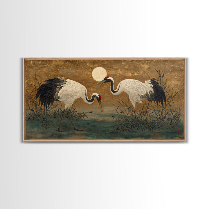 Pair of Cranes Dancing Framed Canvas Print, Bird Art, Art Deco, Living Room Decor, Watercolor Art, Flight, Gallery Wall, BIR-2x1-23