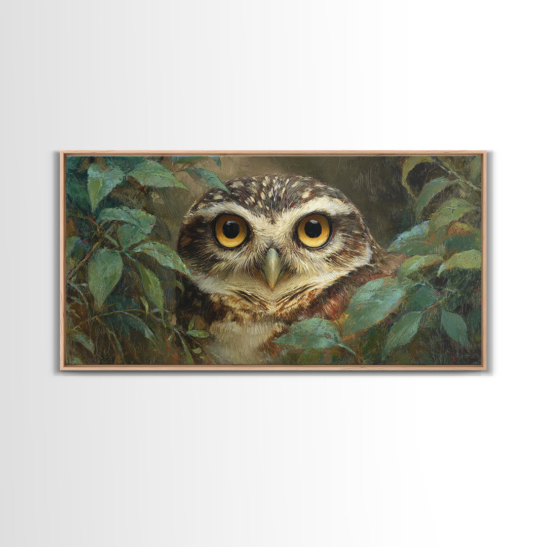 Owl Portrait with Wise Golden Eyes Framed Canvas Print, Bird Art, Home Decor, Living Room Decor, Flight, Modern Wall Art, BIR-2x1-25