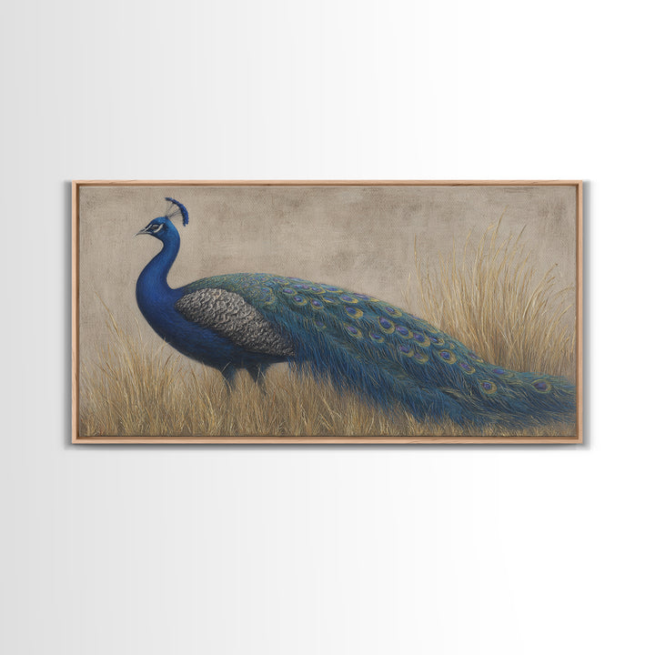 Peacock with Jewel Tone Feather Pattern Framed Canvas Print, Bird Art, Fine Art Print, Living Room Decor, Oil Painting, Flight, BIR-2x1-27