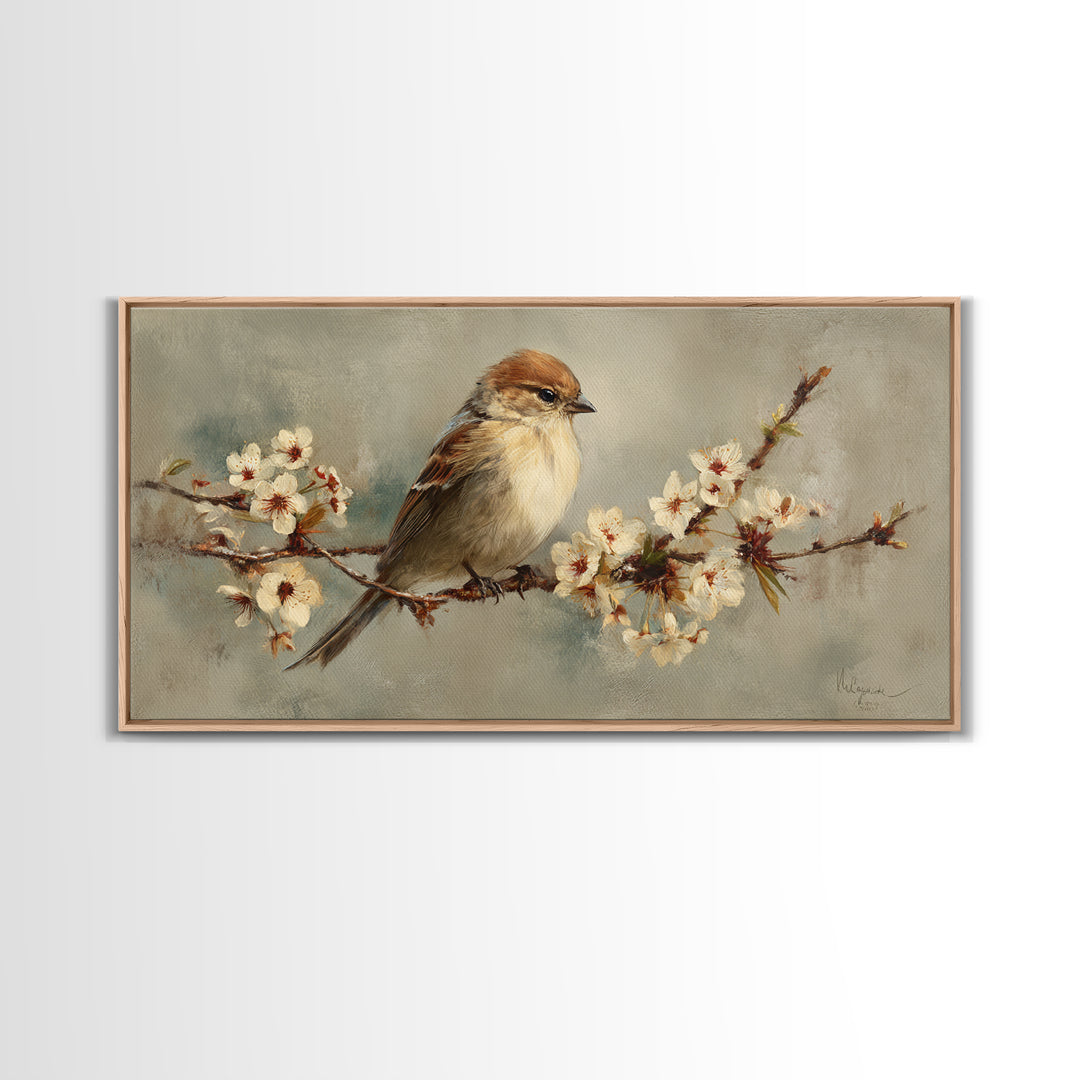 Songbird Perched on Cherry Blossoms Framed Canvas Print, Bird Art, Minimalist Decor, Living Room Decor, Fine Art, Flight, BIR-2x1-28