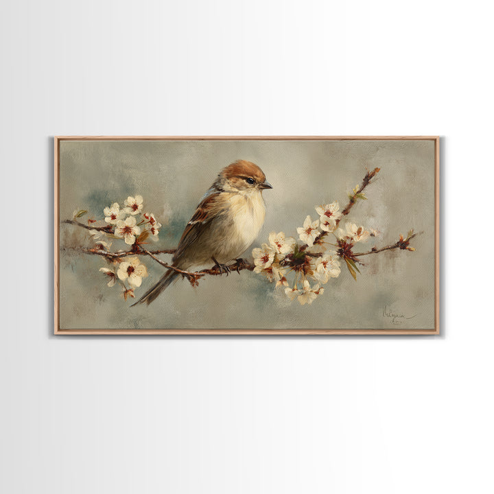 Songbird Perched on Cherry Blossoms Framed Canvas Print, Bird Art, Minimalist Decor, Living Room Decor, Fine Art, Flight, BIR-2x1-28
