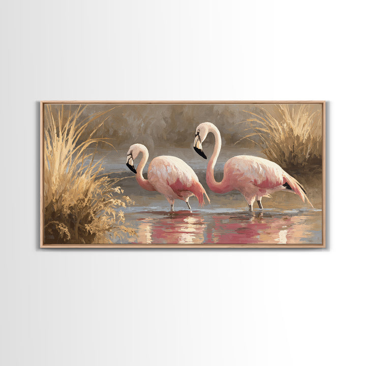 Flamingo Pair in Coral Water Reflections Framed Canvas Print, Bird Art, Luxury Decor, Living Room Decor, Fine Art, Flight, BIR-2x1-30