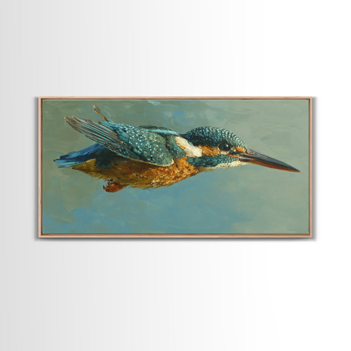 Kingfisher Diving Toward Blue Water Canvas Print, Bird Art, Digital Print, Living Room Decor, Fine Art, Flight, Bird Prints, BIR-2x1-31