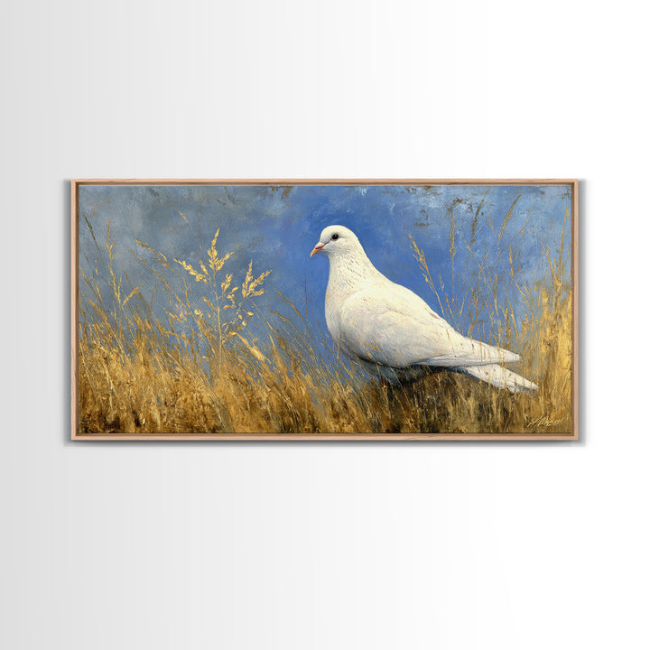 White Dove with Olive Branch and Calm Canvas Print, Bird Art, Wall Art, Living Room Decor, Fine Art, Flight, Japanese Wall Art, BIR-2x1-36