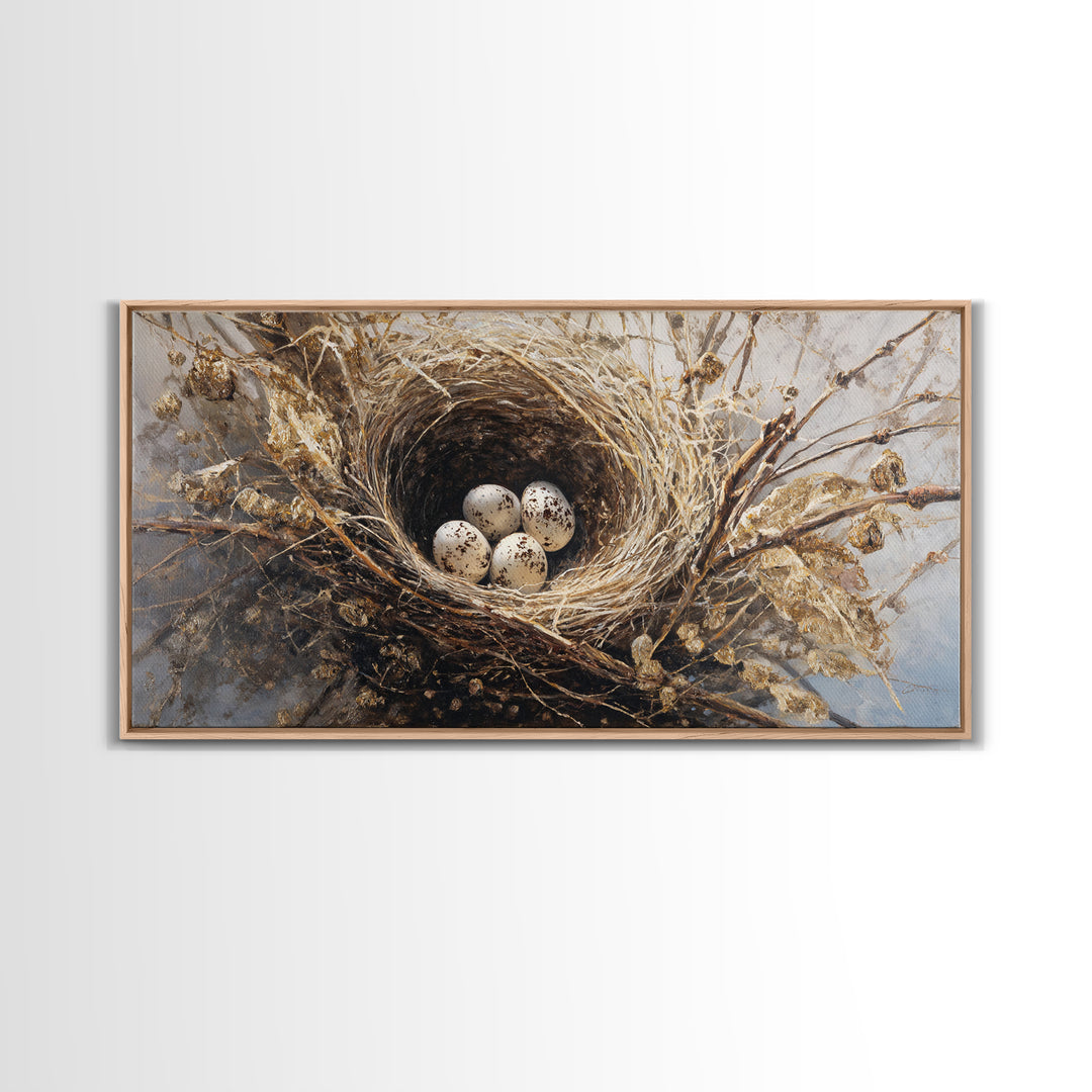 Bird Nest with Eggs and Delicate Twigs Framed Canvas Print, Bird Art, Statement Artwork, Living Room Decor, Fine Art, Flight, BIR-2x1-42