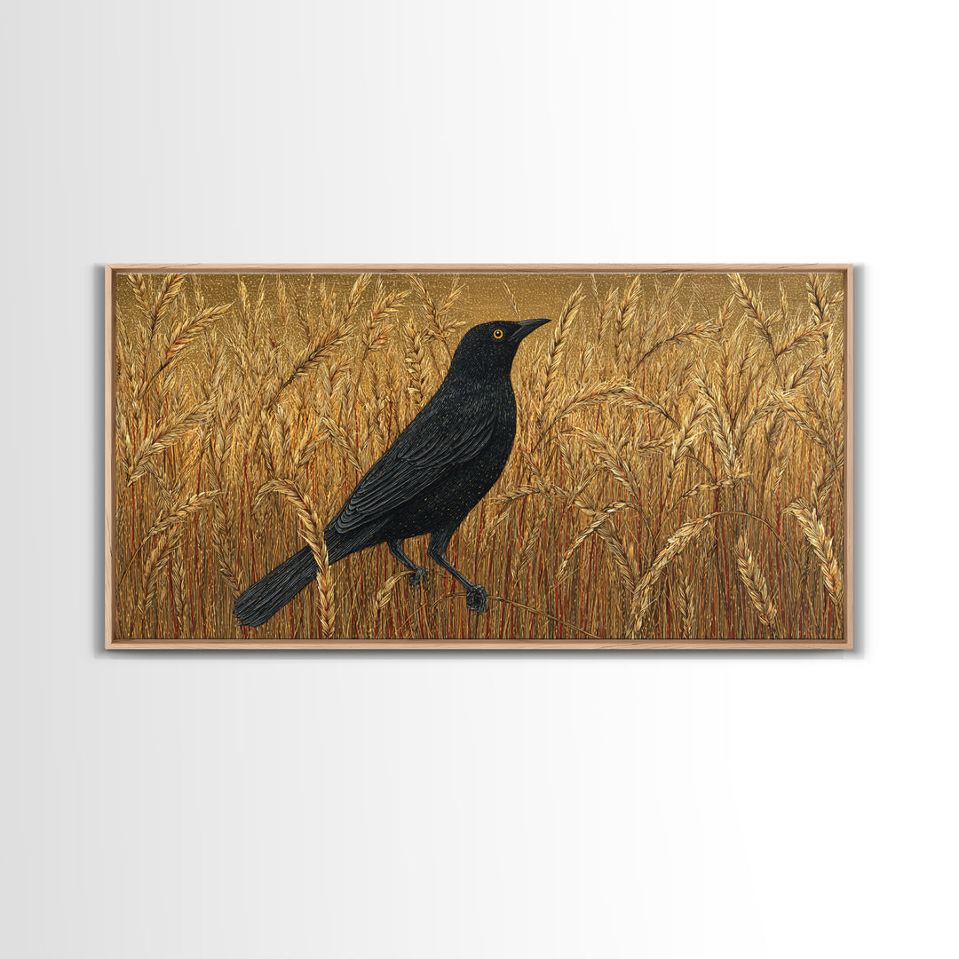 Blackbird on Gold Wheat Field Canvas Print, Bird Art, Textured Painting, Living Room Decor, Abstract Art, Flight, Printable Art, BIR-2x1-44