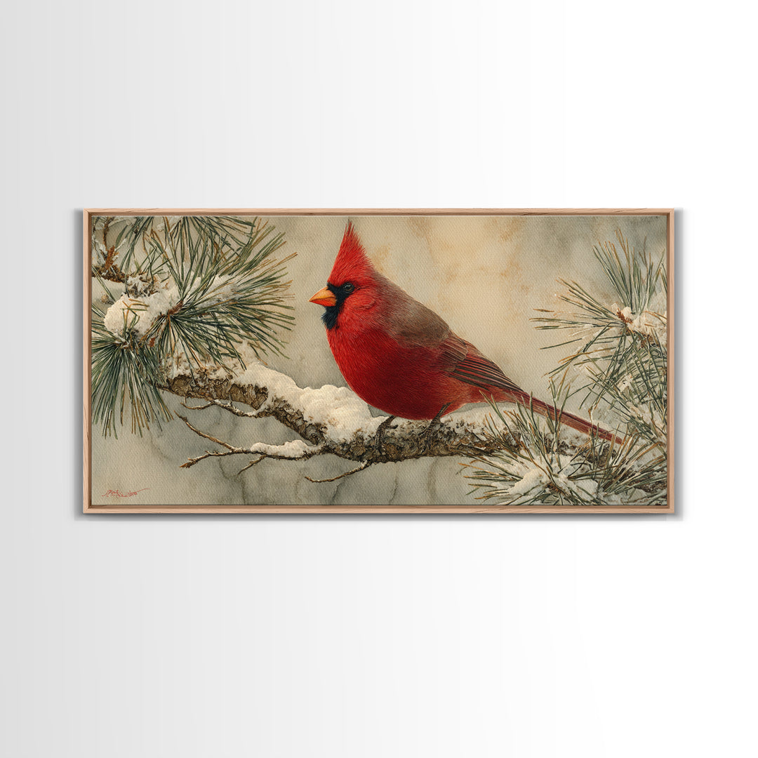 Red Cardinal on Snowy Pine Branch Framed Canvas Print, Bird Art, Art Deco, Living Room Decor, Oil Painting, Flight, BIR-2x1-45