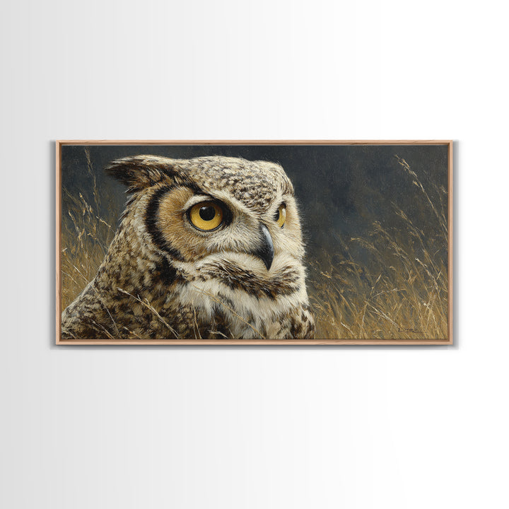 Owl Portrait with Wise Golden Eyes Canvas Print, Bird Art, Original Art, Living Room Decor, Fine Art, Flight, Mcm Decor, BIR-2x1-49