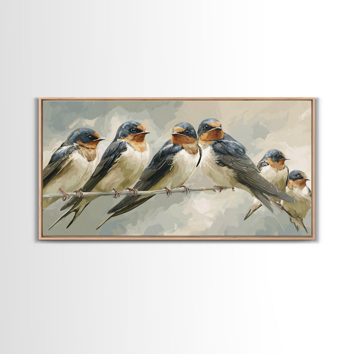 Flock of Swallows Sweeping Across Open Sky Framed Canvas Print, Bird Art, Minimalist Decor, Living Room Decor, Fine Art, Flight, BIR-2x1-50