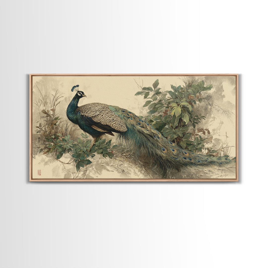 Peacock with Jewel Tone Feather Pattern Framed Canvas Print, Bird Art, Japanese Wall Art, Living Room Decor, Watercolor Art, BIR-2x1-51