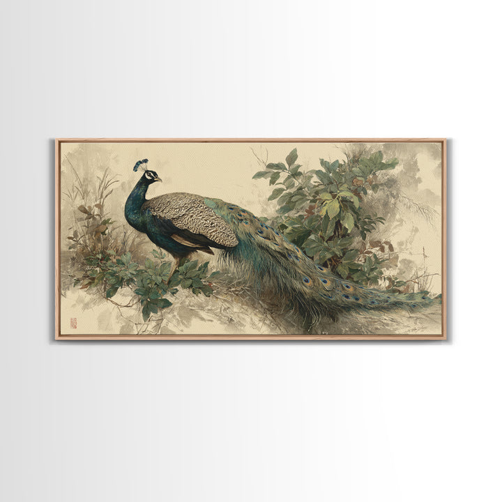 Peacock with Jewel Tone Feather Pattern Framed Canvas Print, Bird Art, Japanese Wall Art, Living Room Decor, Watercolor Art, BIR-2x1-51