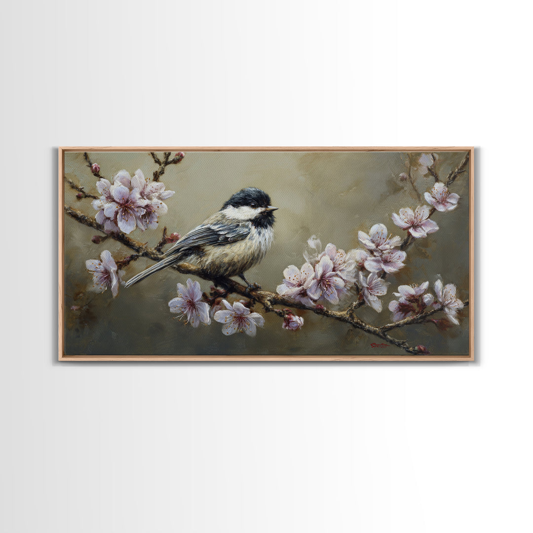 Songbird Perched on Cherry Blossoms Canvas Print, Bird Art, Printable Wall Art, Living Room Decor, Fine Art, Flight, Modern Art, BIR-2x1-52