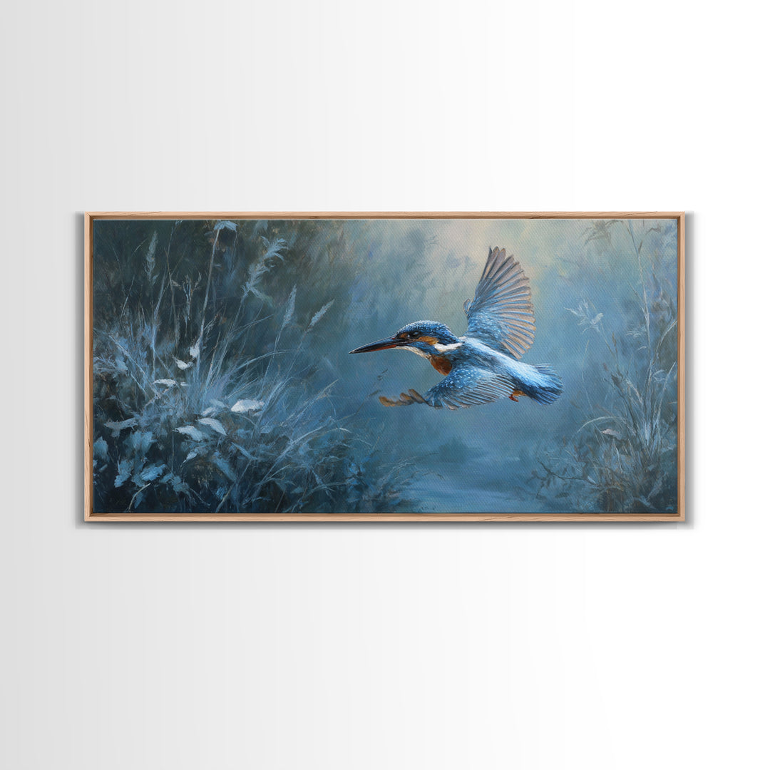 Kingfisher Diving Toward Blue Water Framed Canvas Print, Bird Art, Modern Wall Art, Living Room Decor, Fine Art, Flight, BIR-2x1-55