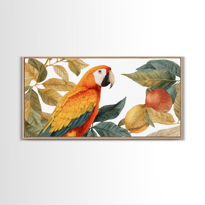 Parrot Among Tropical Leaves and Fruit Canvas Print, Bird Art, Digital Prints, Living Room Decor, Fine Art, Flight, Modern Art, BIR-2x1-57