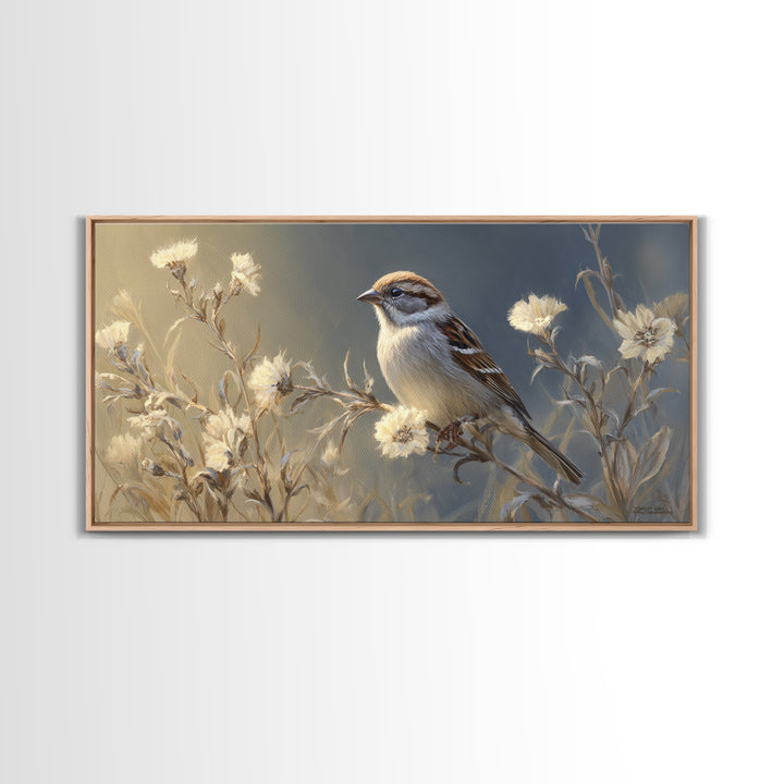 Small Sparrow on Wildflower Stem Canvas Print, Bird Art, Wall Art, Living Room Decor, Watercolor Art, Flight, Japanese Wall Art, BIR-2x1-58