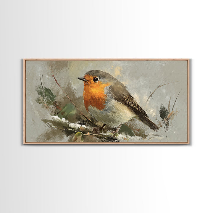 Robin in a Spring Garden with Soft Framed Canvas Print, Bird Art, Bird Prints, Living Room Decor, Watercolor Art, Flight, BIR-2x1-59