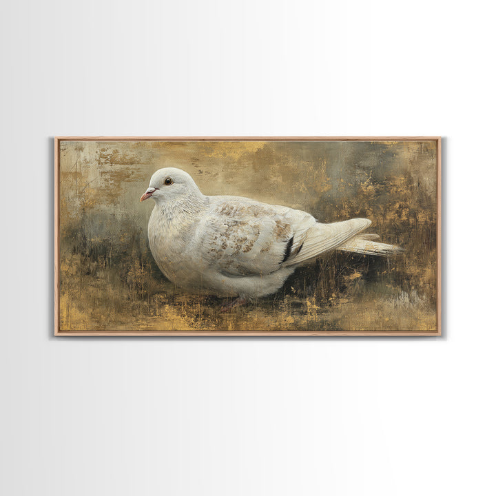White Dove with Olive Branch and Calm Framed Canvas Print, Bird Art, Art Deco, Living Room Decor, Flight, Gallery Wall, BIR-2x1-60