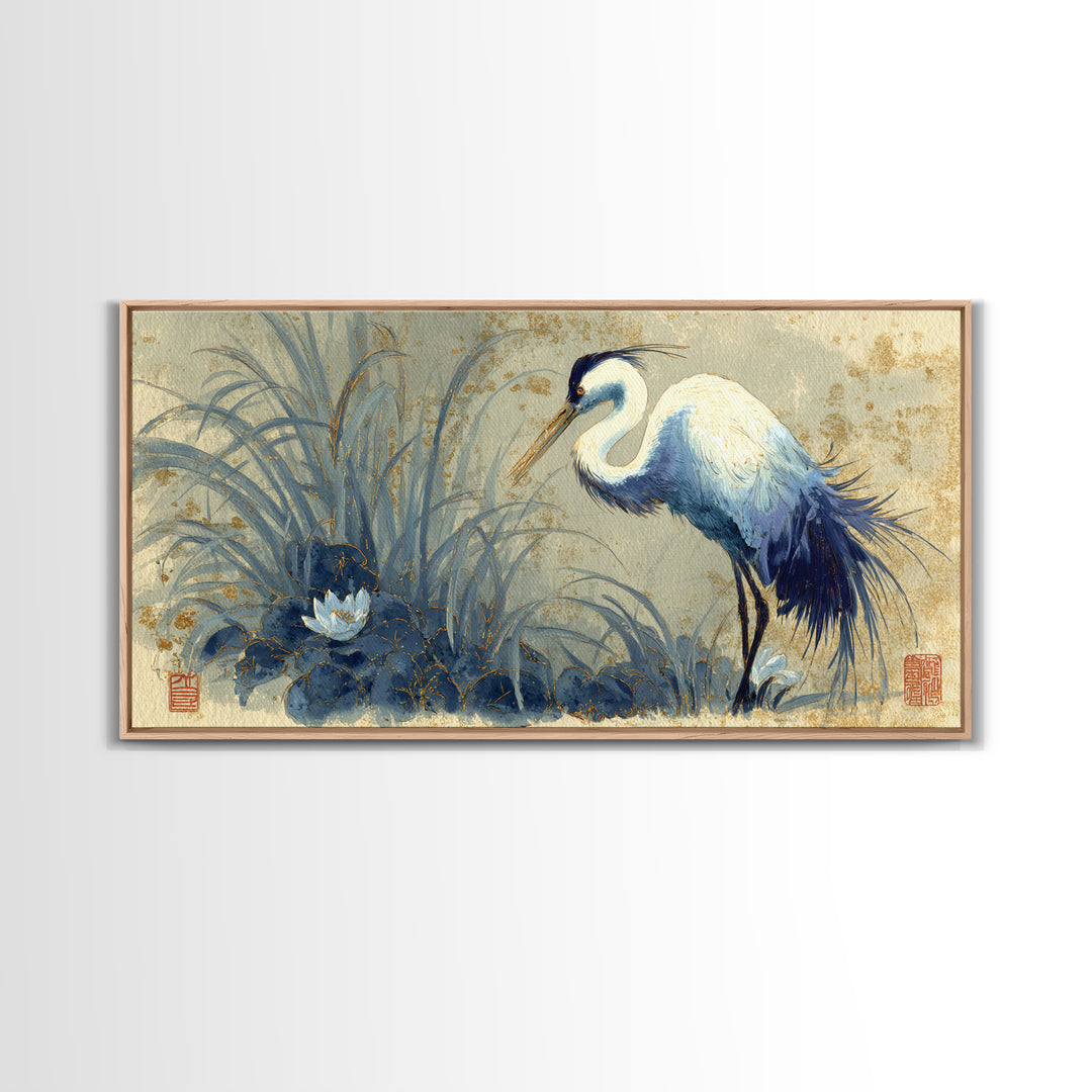 Crane and Lotus Composition Canvas Print, Bird Art, Printable Wall Art, Living Room Decor, Fine Art, Flight, Modern Art, BIR-2x1-61