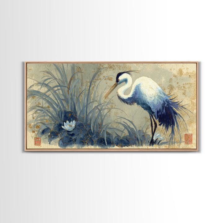 Crane and Lotus Composition Canvas Print, Bird Art, Printable Wall Art, Living Room Decor, Fine Art, Flight, Modern Art, BIR-2x1-61
