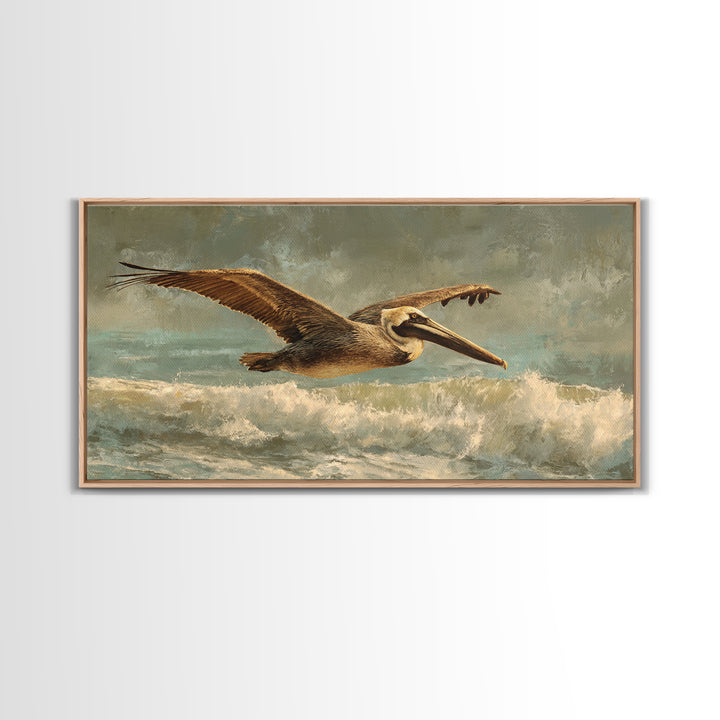 Pelican Flying over Coastal Waves Canvas Print, Bird Art, Room Decor, Living Room Decor, Oil Painting, Flight, Digital Print, BIR-2x1-62