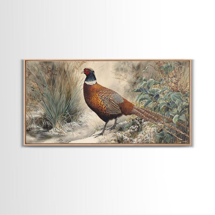 Pheasant with Ornate Feather Details Canvas Print, Bird Art, Living Room Decor, Fine Art, Flight, Rustic Home Decor, Floral Art, BIR-2x1-63