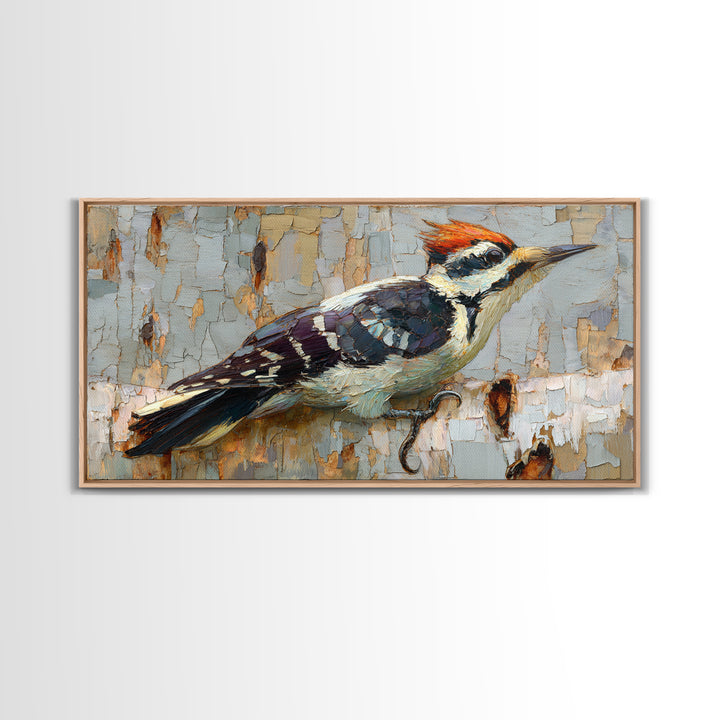 Woodpecker on Birch Bark Texture Framed Canvas Print, Bird Art, Mid Century Modern, Living Room Decor, Abstract Art, Flight, BIR-2x1-65