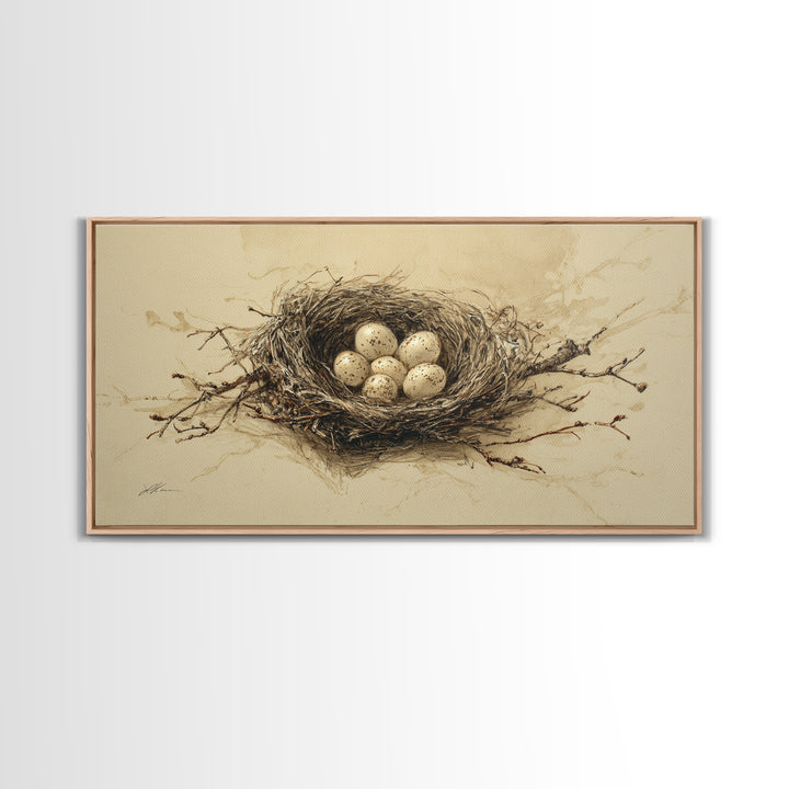 Bird Nest with Eggs and Delicate Twigs Canvas Print, Bird Art, Textured Painting, Living Room Decor, Watercolor Art, Flight, BIR-2x1-66