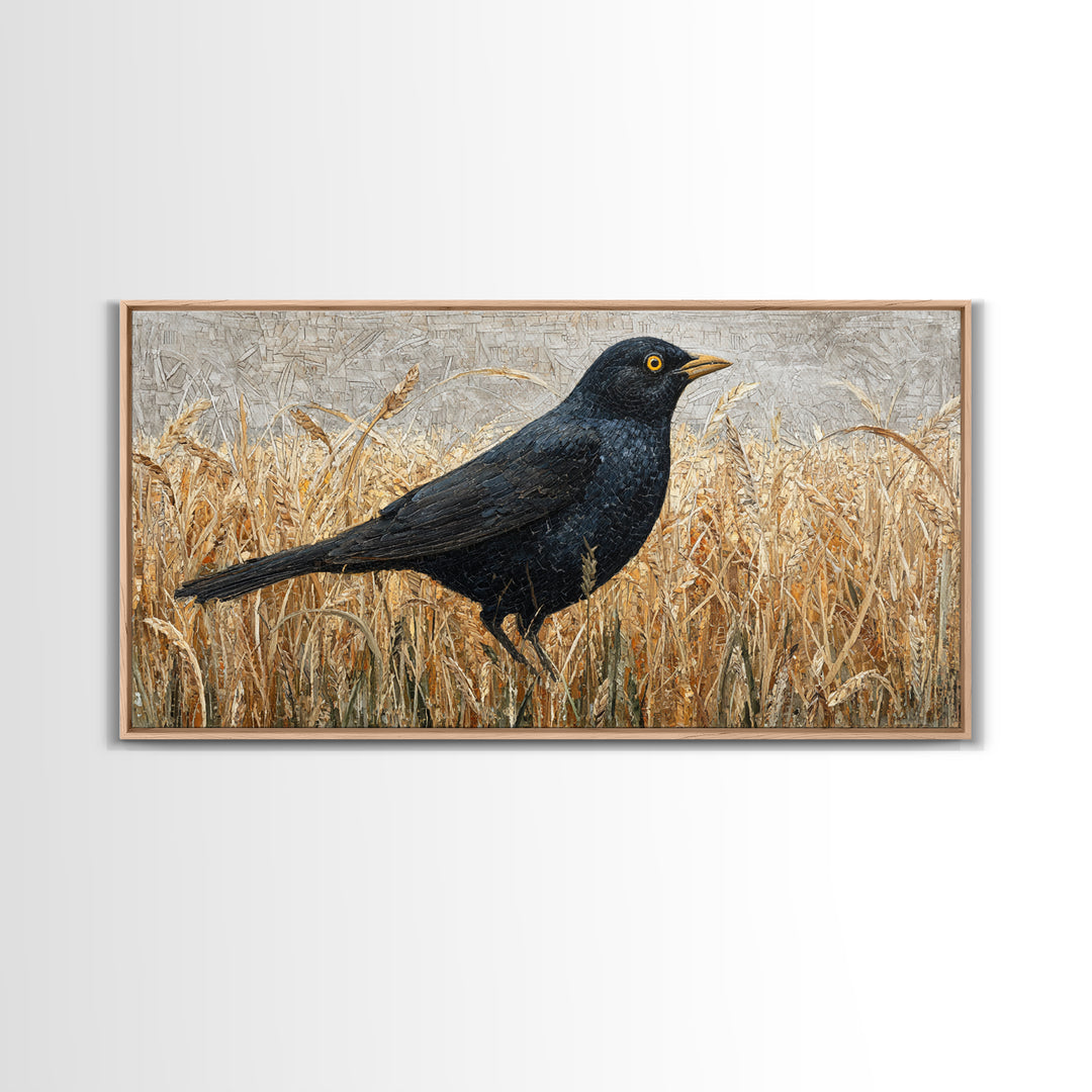 Blackbird on Gold Wheat Field Canvas Print, Bird Art, Digital Print, Living Room Decor, Watercolor Art, Flight, Bird Prints, BIR-2x1-68