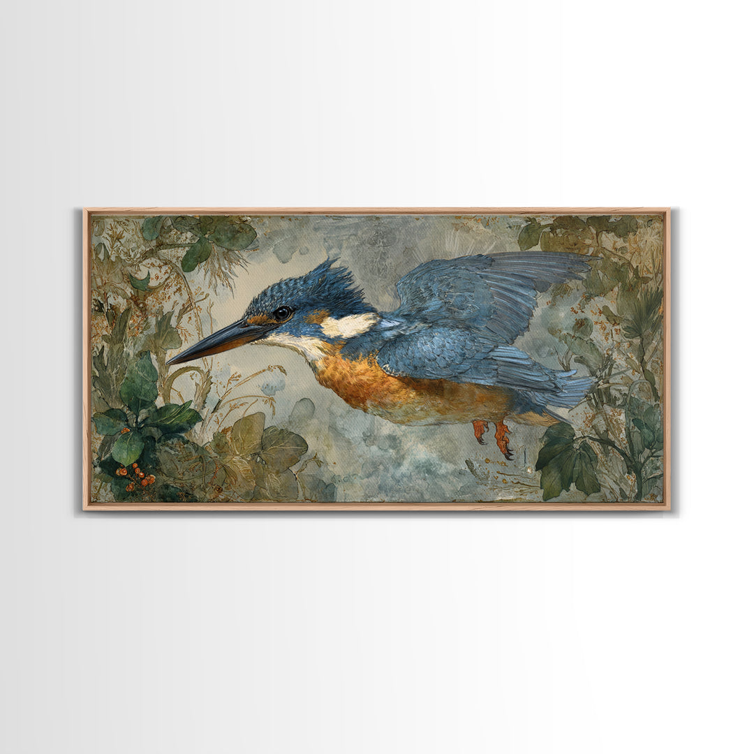 Kingfisher Diving Toward Blue Water Framed Canvas Print, Bird Art, Wall Decor, Living Room Decor, Flight, Boho Wall Decor, BIR-2x1-7