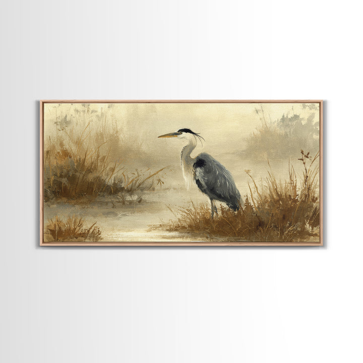 Blue Heron in Misty Marsh Grass Canvas Print, Bird Art, Digital Prints, Living Room Decor, Fine Art, Flight, Modern Art, BIR-2x1-70