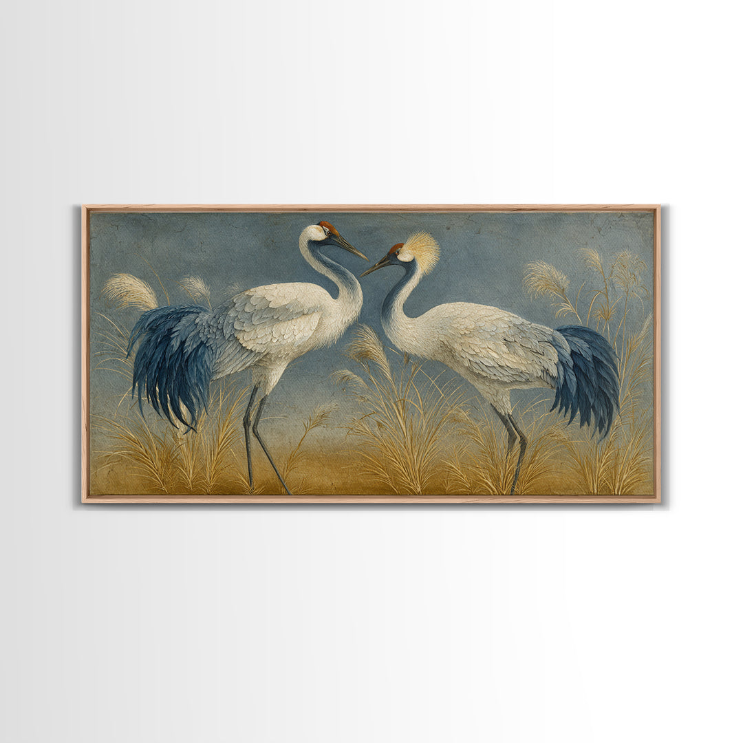 Pair of Cranes Dancing Canvas Print, Bird Art, Nature Prints, Living Room Decor, Abstract Art, Flight, Boho Decor, BIR-2x1-71