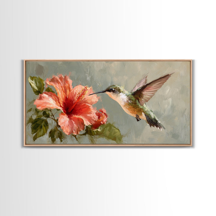 Hummingbird Hovering Beside Bright Hibiscus Framed Canvas Print, Bird Art, Printable Art, Living Room Decor, Fine Art, Flight, BIR-2x1-72