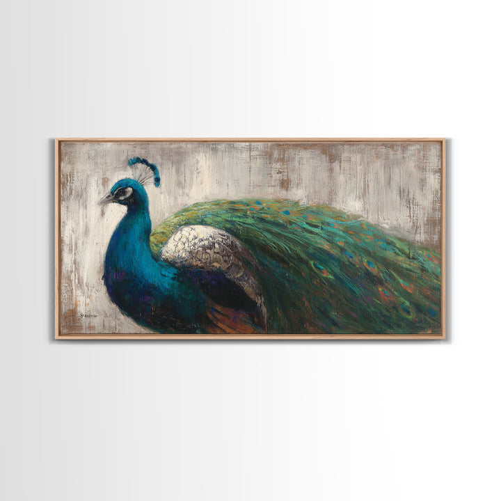 Peacock with Jewel Tone Feather Pattern Framed Canvas Print, Bird Art, Boho Decor, Living Room Decor, Fine Art, Flight, BIR-2x1-75