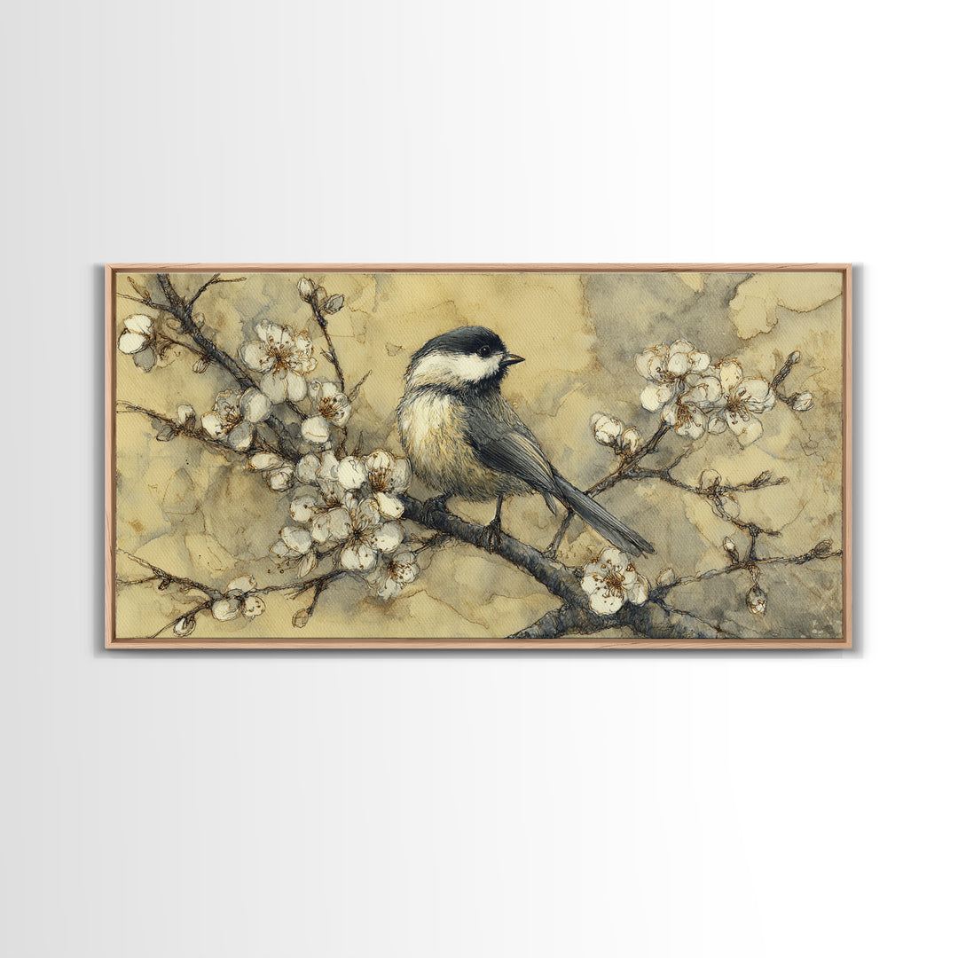 Songbird Perched on Cherry Blossoms Canvas Print, Bird Art, Living Room Decor, Fine Art, Flight, Rustic Home Decor, Floral Art, BIR-2x1-76