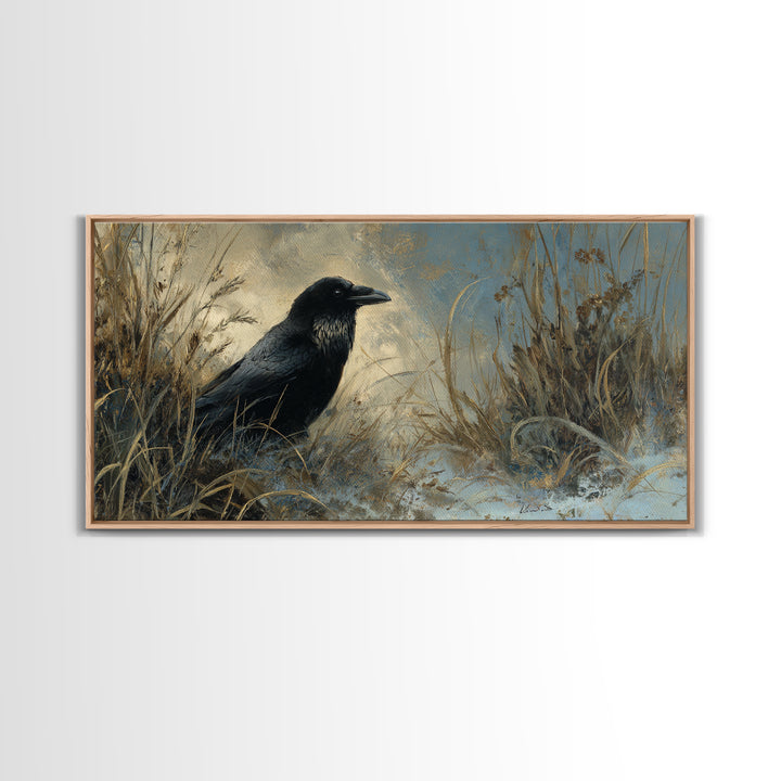 Raven Silhouette with Gothic Atmosphere Canvas Print, Bird Art, Digital Print, Living Room Decor, Oil Painting, Flight, BIR-2x1-77