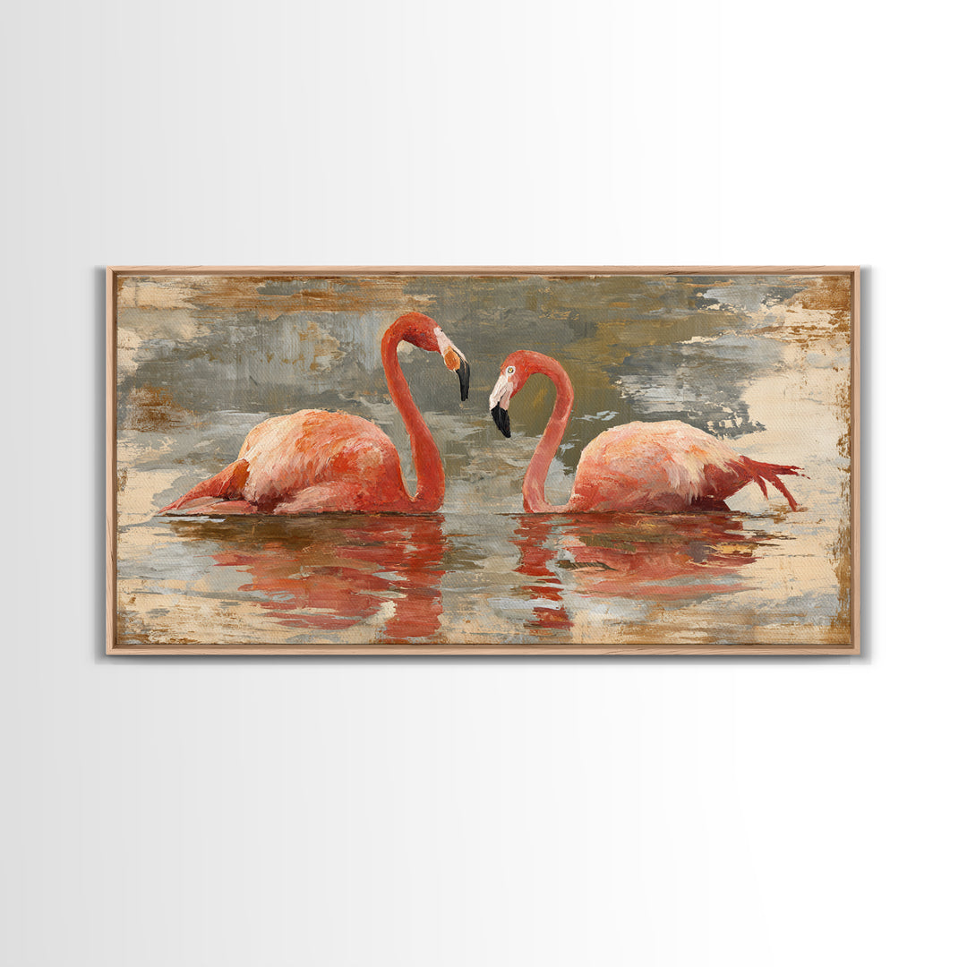 Flamingo Pair in Coral Water Reflections Canvas Print, Bird Art, Contemporary Art, Living Room Decor, Fine Art, Flight, BIR-2x1-78