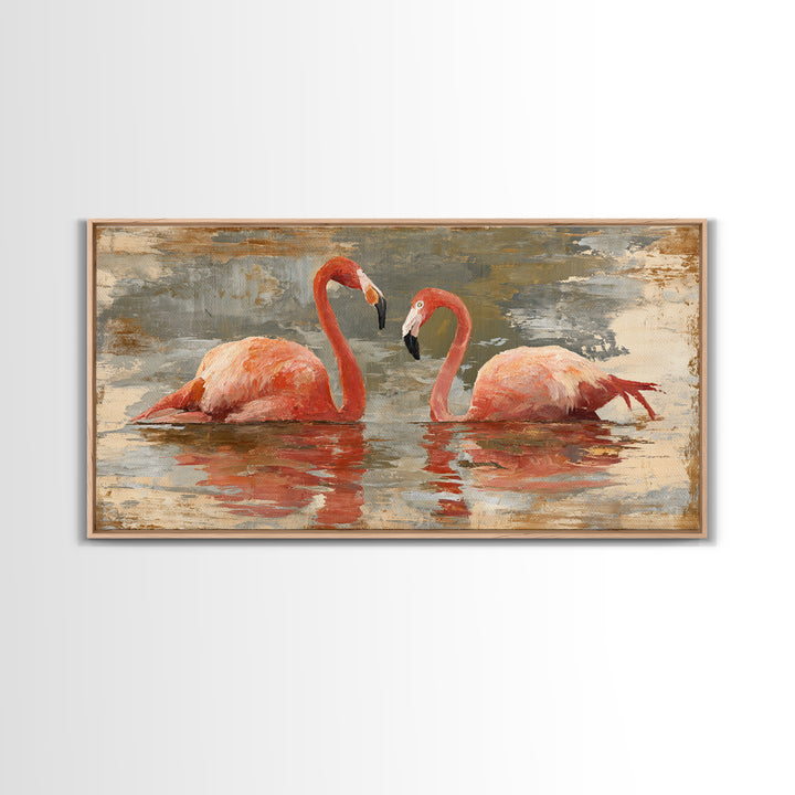 Flamingo Pair in Coral Water Reflections Canvas Print, Bird Art, Contemporary Art, Living Room Decor, Fine Art, Flight, BIR-2x1-78