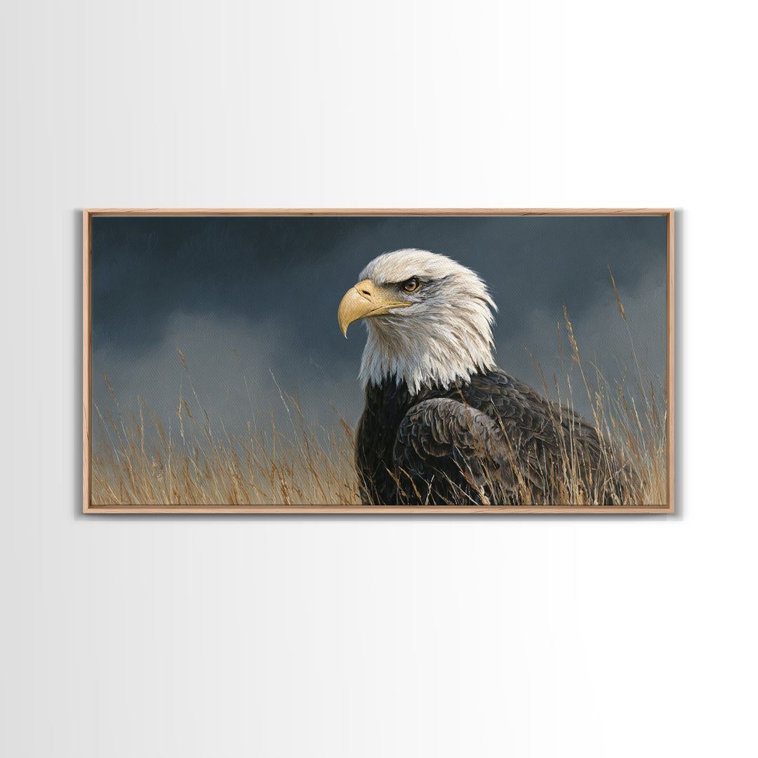 Eagle Portrait with Dramatic Mountain Wind Framed Canvas Print, Bird Art, Modern Art, Living Room Decor, Fine Art, Flight, BIR-2x1-80