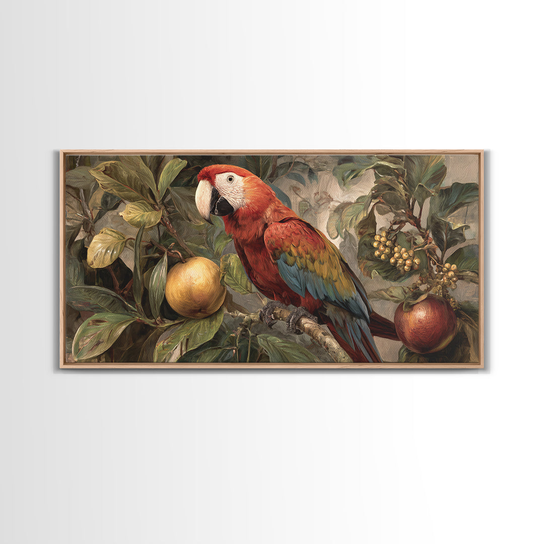 Parrot Among Tropical Leaves and Fruit Framed Canvas Print, Bird Art, Printable Art, Living Room Decor, Watercolor Art, Flight, BIR-2x1-81