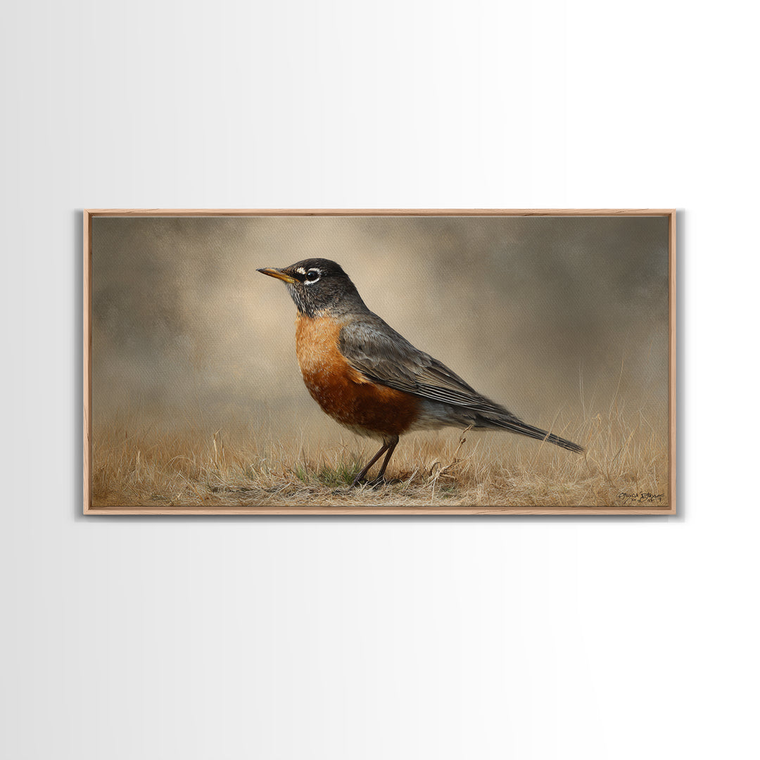 Robin in a Spring Garden with Soft Framed Canvas Print, Bird Art, Contemporary Art, Living Room Decor, Oil Painting, Flight, BIR-2x1-83
